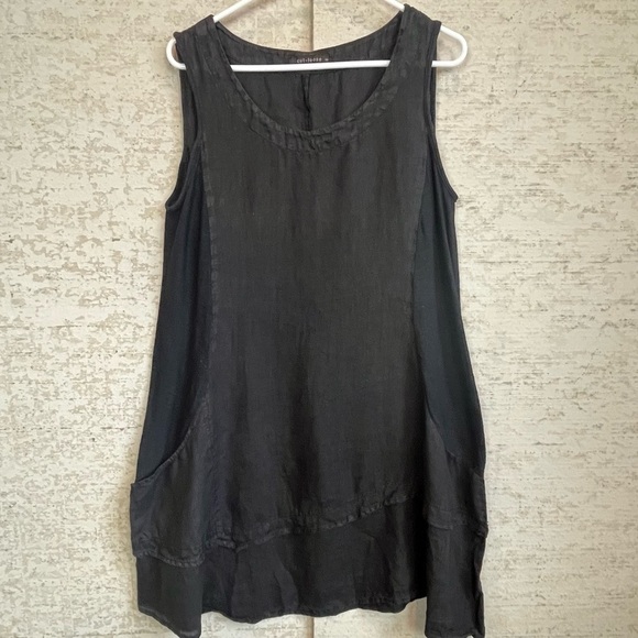 Cut Loose Linen Dress Cotton Side Panels Sz S Made in USA Raw Edge Tiered - Picture 1 of 15